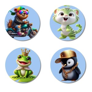 Biker Bear, Green Kitten, Frog Prince, Rapper Penguin Fridge Magnets 4 Piece Set | 3 Inch Round Wall Fridge Decor (F23162)
