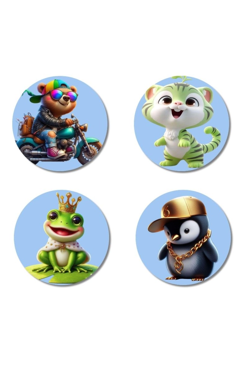 Biker Bear, Green Kitten, Frog Prince, Rapper Penguin Fridge Magnets 4 Piece Set | 3 Inch Round Wall Fridge Decor (F23162)