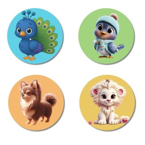 Peacock, Sparrow, Dog, and Lion. Fridge Magnets 4 Piece Set | 3 Inch Round Wall Fridge Decor (F22893)