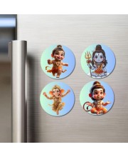Krishna, Rama, Hanuman, and Shiva. Fridge Magnets 4 Piece Set | 3 Inch Round Wall Fridge Decor (F22826)