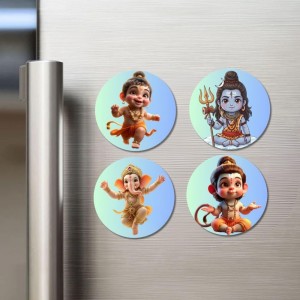 Krishna, Rama, Hanuman, and Shiva. Fridge Magnets 4 Piece Set | 3 Inch Round Wall Fridge Decor (F22826)