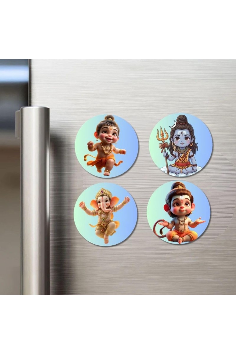 Krishna, Rama, Hanuman, and Shiva. Fridge Magnets 4 Piece Set | 3 Inch Round Wall Fridge Decor (F22826)