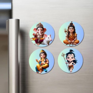 Ganesha, Rama, and Shiva. Fridge Magnets 4 Piece Set | 3 Inch Round Wall Fridge Decor (F22763)
