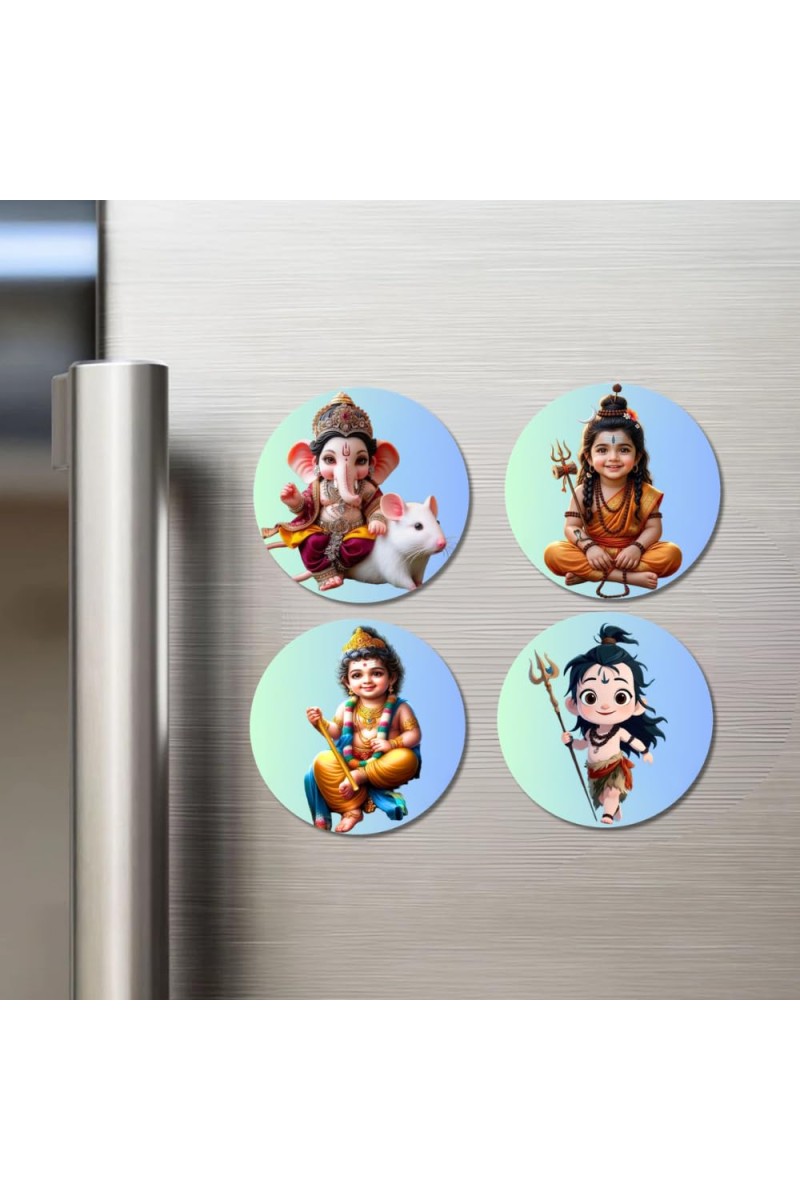 Ganesha, Rama, and Shiva. Fridge Magnets 4 Piece Set | 3 Inch Round Wall Fridge Decor (F22763)