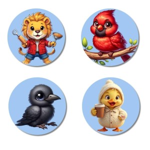 Lion, Cardinal, Crow, and Chick. Fridge Magnets 4 Piece Set | 3 Inch Round Wall Fridge Decor (F23104)