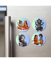 Ganesha, Krishna, Krishna-Yashoda Fridge Magnets 4 Piece Set | 3 Inch Round Wall Fridge Decor (F23258)