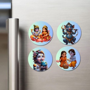 Ganesha, Krishna, Krishna-Yashoda Fridge Magnets 4 Piece Set | 3 Inch Round Wall Fridge Decor (F23258)