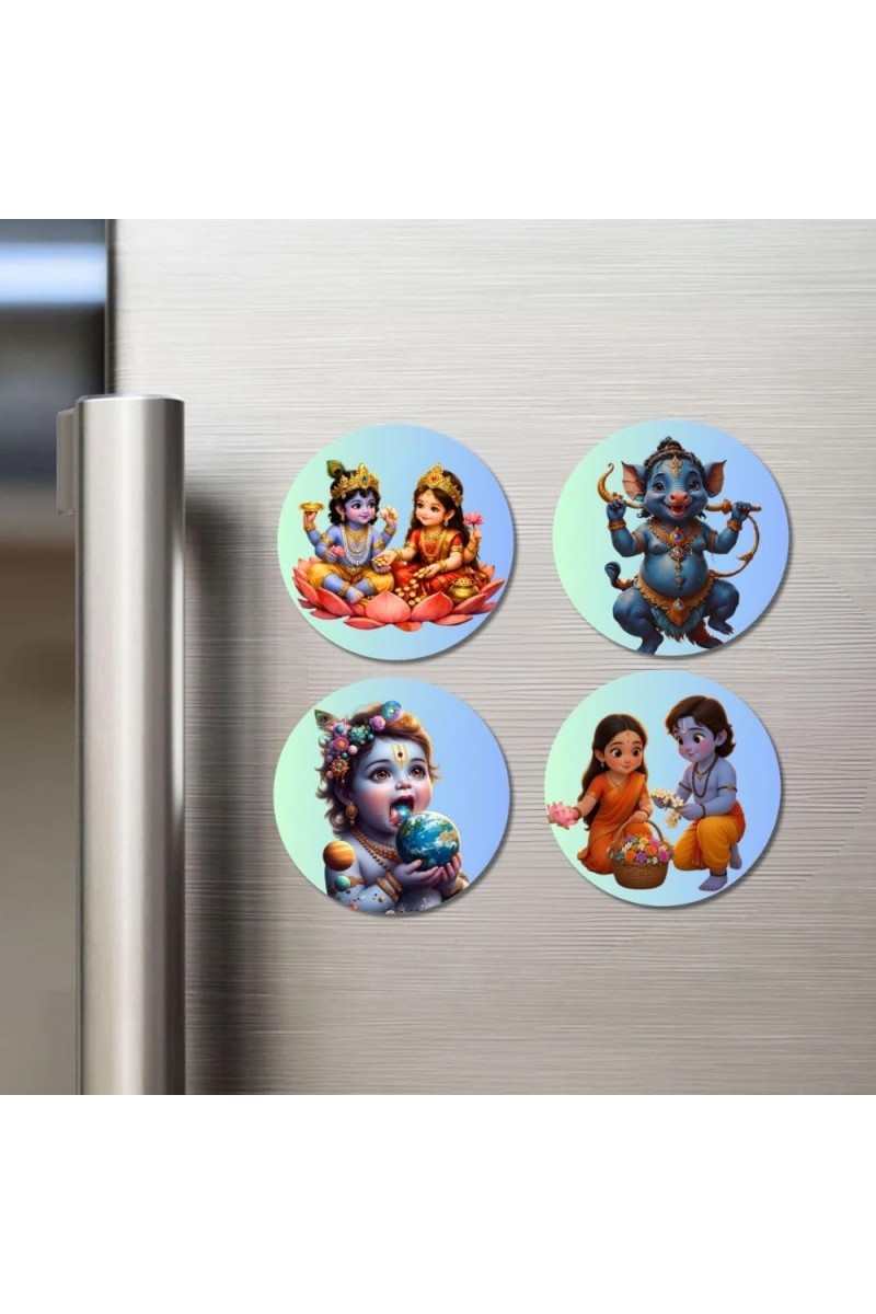 Ganesha, Krishna, Krishna-Yashoda Fridge Magnets 4 Piece Set | 3 Inch Round Wall Fridge Decor (F23258)