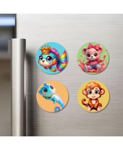 Rainbow Fish, Mouse, Chameleon, and Monkey. Fridge Magnets 4 Piece Set | 3 Inch Round Wall Fridge Decor (F22926)