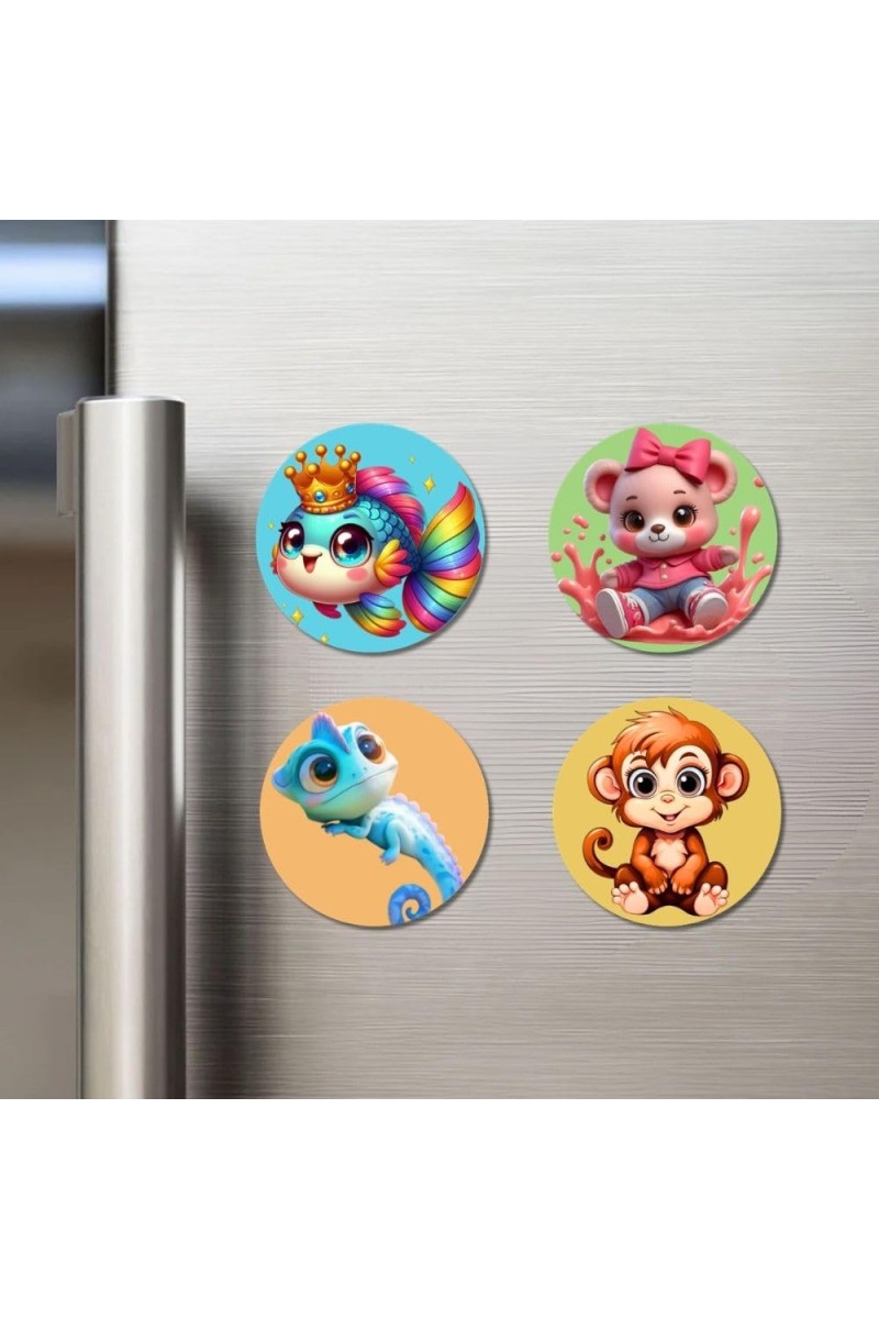Rainbow Fish, Mouse, Chameleon, and Monkey. Fridge Magnets 4 Piece Set | 3 Inch Round Wall Fridge Decor (F22926)