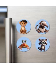 Leopard, Anteater, Crab, and Raccoon. Fridge Magnets 4 Piece Set | 3 Inch Round Wall Fridge Decor (F23147)