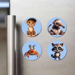 Leopard, Anteater, Crab, and Raccoon. Fridge Magnets 4 Piece Set | 3 Inch Round Wall Fridge Decor (F23147)