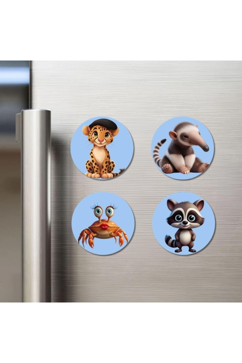 Leopard, Anteater, Crab, and Raccoon. Fridge Magnets 4 Piece Set | 3 Inch Round Wall Fridge Decor (F23147)
