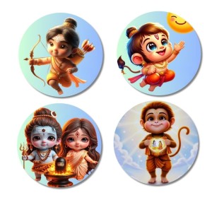 Rama, Hanuman, Shiva, and Parvati. Fridge Magnets 4 Piece Set | 3 Inch Round Wall Fridge Decor (F22806)