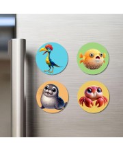Bird, Pufferfish, Seal, and Crab. Fridge Magnets 4 Piece Set | 3 Inch Round Wall Fridge Decor (F22942)