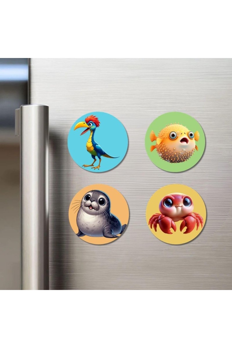 Bird, Pufferfish, Seal, and Crab. Fridge Magnets 4 Piece Set | 3 Inch Round Wall Fridge Decor (F22942)