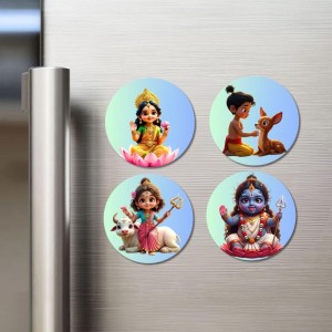 Lakshmi, Rama, Parvati, Krishna Fridge Magnets 4 Piece Set | 3 Inch Round Wall Fridge Decor (F23263)