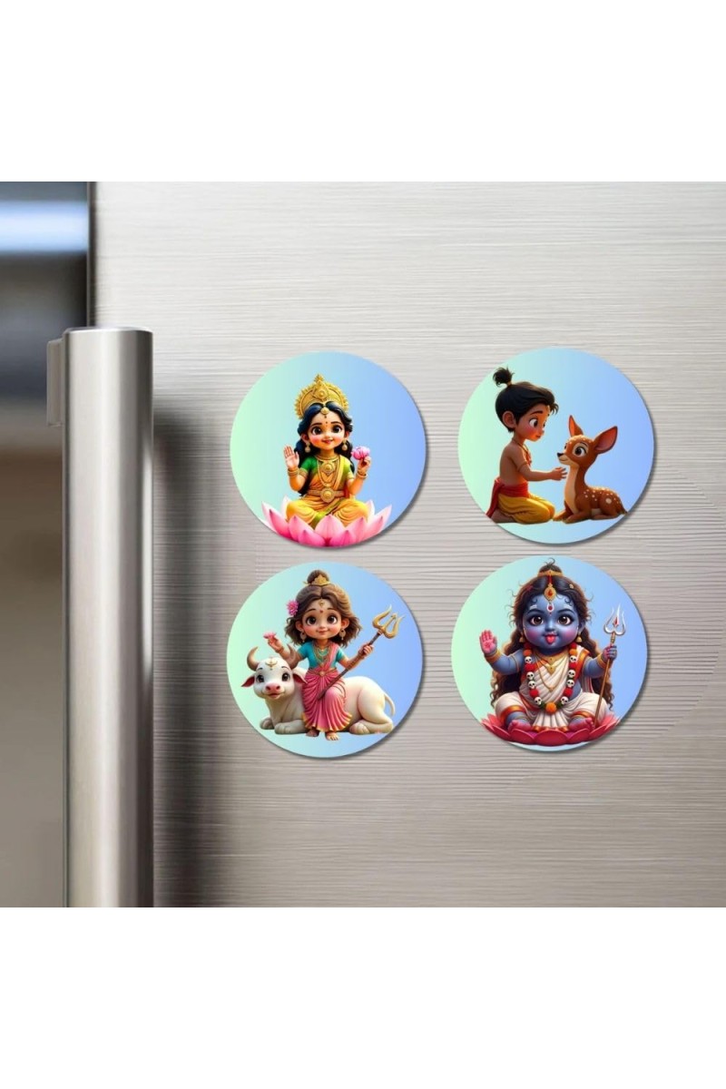 Lakshmi, Rama, Parvati, Krishna Fridge Magnets 4 Piece Set | 3 Inch Round Wall Fridge Decor (F23263)