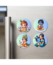 Ganesha, Krishna, Rama, and Hanuman. Fridge Magnets 4 Piece Set | 3 Inch Round Wall Fridge Decor (F22761)