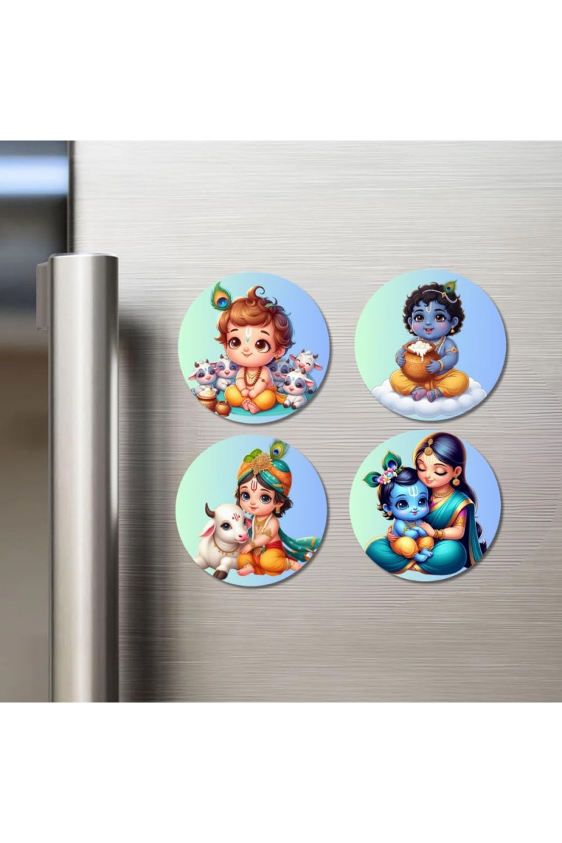Ganesha, Krishna, Rama, and Hanuman. Fridge Magnets 4 Piece Set | 3 Inch Round Wall Fridge Decor (F22761)