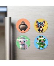 Gorilla, Bat, Pig, and Pig. Fridge Magnets 4 Piece Set | 3 Inch Round Wall Fridge Decor (F23021)