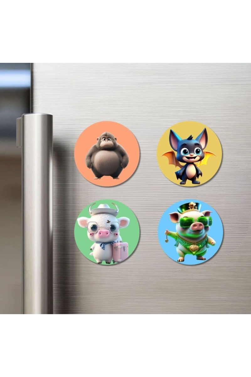 Gorilla, Bat, Pig, and Pig. Fridge Magnets 4 Piece Set | 3 Inch Round Wall Fridge Decor (F23021)