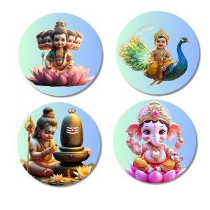 Brahma, Ganesha, Kartikeya, and Shiva. Fridge Magnets 4 Piece Set | 3 Inch Round Wall Fridge Decor (F22813)