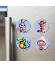 Butterfly, Sheep, Raccoon, and Bird. Fridge Magnets 4 Piece Set | 3 Inch Round Wall Fridge Decor (F23103)