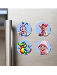 Butterfly, Sheep, Raccoon, and Bird. Fridge Magnets 4 Piece Set | 3 Inch Round Wall Fridge Decor (F23103)