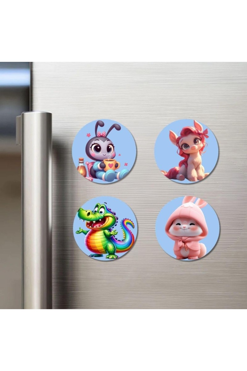 Butterfly, Sheep, Raccoon, and Bird. Fridge Magnets 4 Piece Set | 3 Inch Round Wall Fridge Decor (F23103)