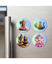 Brahma, Ganesha, Kartikeya, and Shiva. Fridge Magnets 4 Piece Set | 3 Inch Round Wall Fridge Decor (F22813)