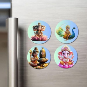 Brahma, Ganesha, Kartikeya, and Shiva. Fridge Magnets 4 Piece Set | 3 Inch Round Wall Fridge Decor (F22813)