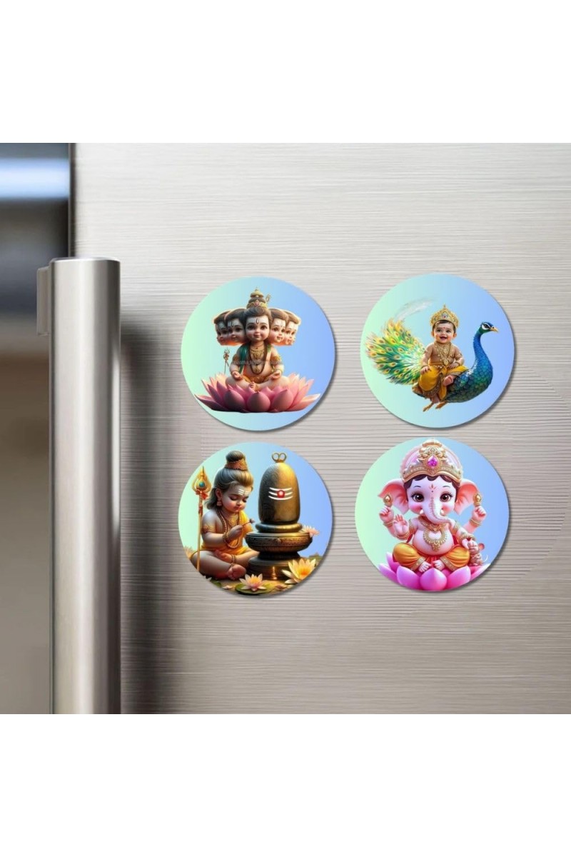 Brahma, Ganesha, Kartikeya, and Shiva. Fridge Magnets 4 Piece Set | 3 Inch Round Wall Fridge Decor (F22813)