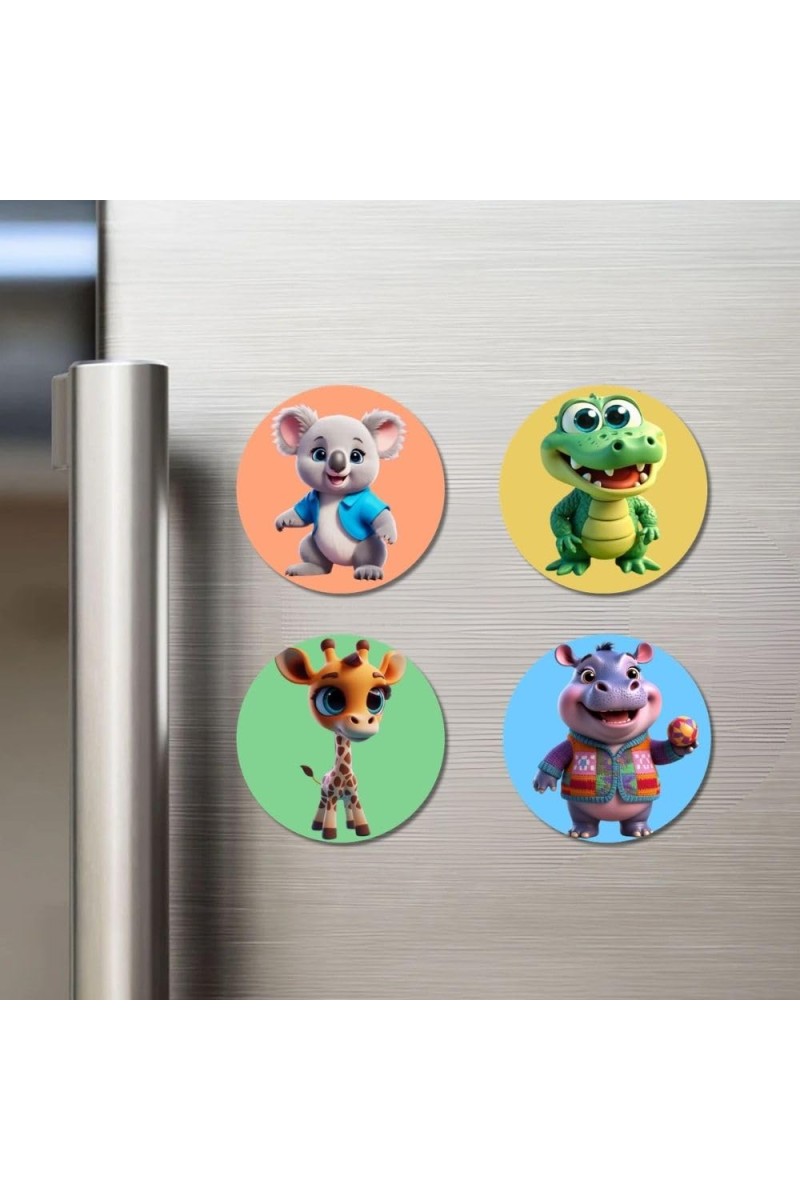 Koala, Crocodile, Giraffe, and Hippo. Fridge Magnets 4 Piece Set | 3 Inch Round Wall Fridge Decor (F23050)