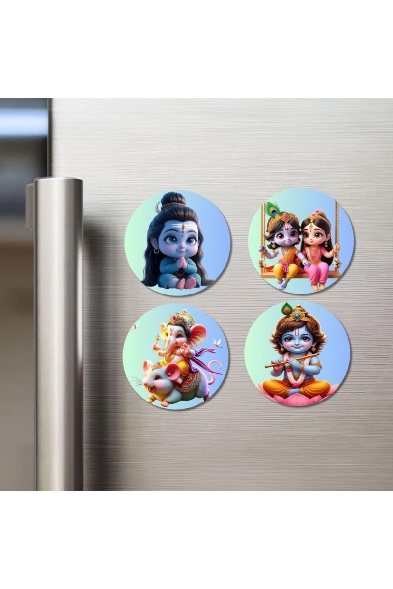Shiva, Krishna and Radha, Ganesha, Krishna Fridge Magnets 4 Piece Set | 3 Inch Round Wall Fridge Decor (F23190)