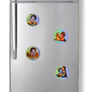 Wooden Krishna Fridge Magnets Set of 4 | Cute Baby Krishna Decorative Refrigerator Magnets | Spiritual & Cartoon Art Wooden Magnets for Home & Kitchen Decor