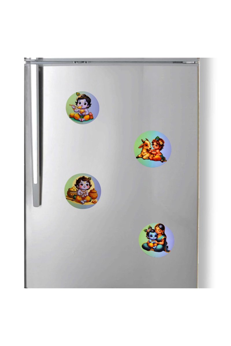 Wooden Krishna Fridge Magnets Set of 4 | Cute Baby Krishna Decorative Refrigerator Magnets | Spiritual & Cartoon Art Wooden Magnets for Home & Kitchen Decor