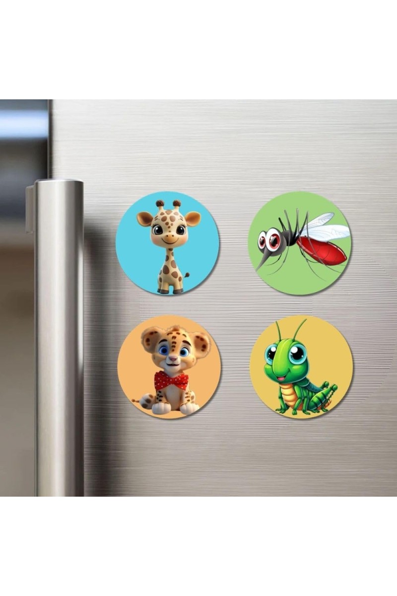 Giraffe, Mosquito, Leopard, and Grasshopper. Fridge Magnets 4 Piece Set | 3 Inch Round Wall Fridge Decor (F22861)