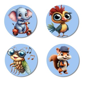Elephant, Bird, Bee, and Squirrel. Fridge Magnets 4 Piece Set | 3 Inch Round Wall Fridge Decor (F23064) Elephant, Bird, Bee, and Squirrel. Fridge Magnets 4 Piece Set | 3 Inch Round Wall Fridge Decor (F23064)
