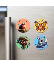 Bull, Hedgehog, Cow, and Monkey. Fridge Magnets 4 Piece Set | 3 Inch Round Wall Fridge Decor (F23010)