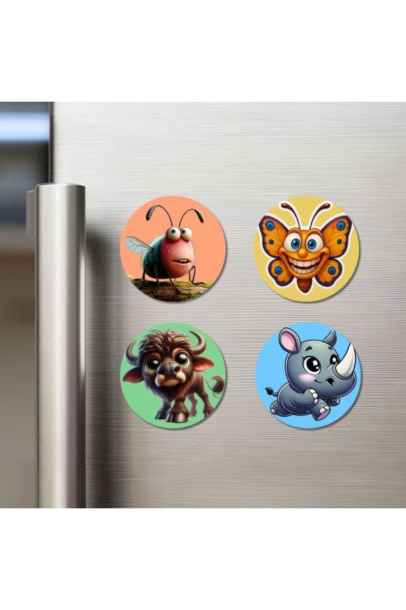 Bull, Hedgehog, Cow, and Monkey. Fridge Magnets 4 Piece Set | 3 Inch Round Wall Fridge Decor (F23010)