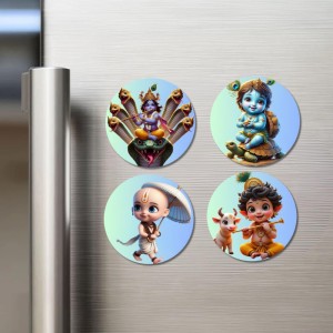 Vishnu, Krishna, and Vamana. Fridge Magnets 4 Piece Set | 3 Inch Round Wall Fridge Decor (F22785)
