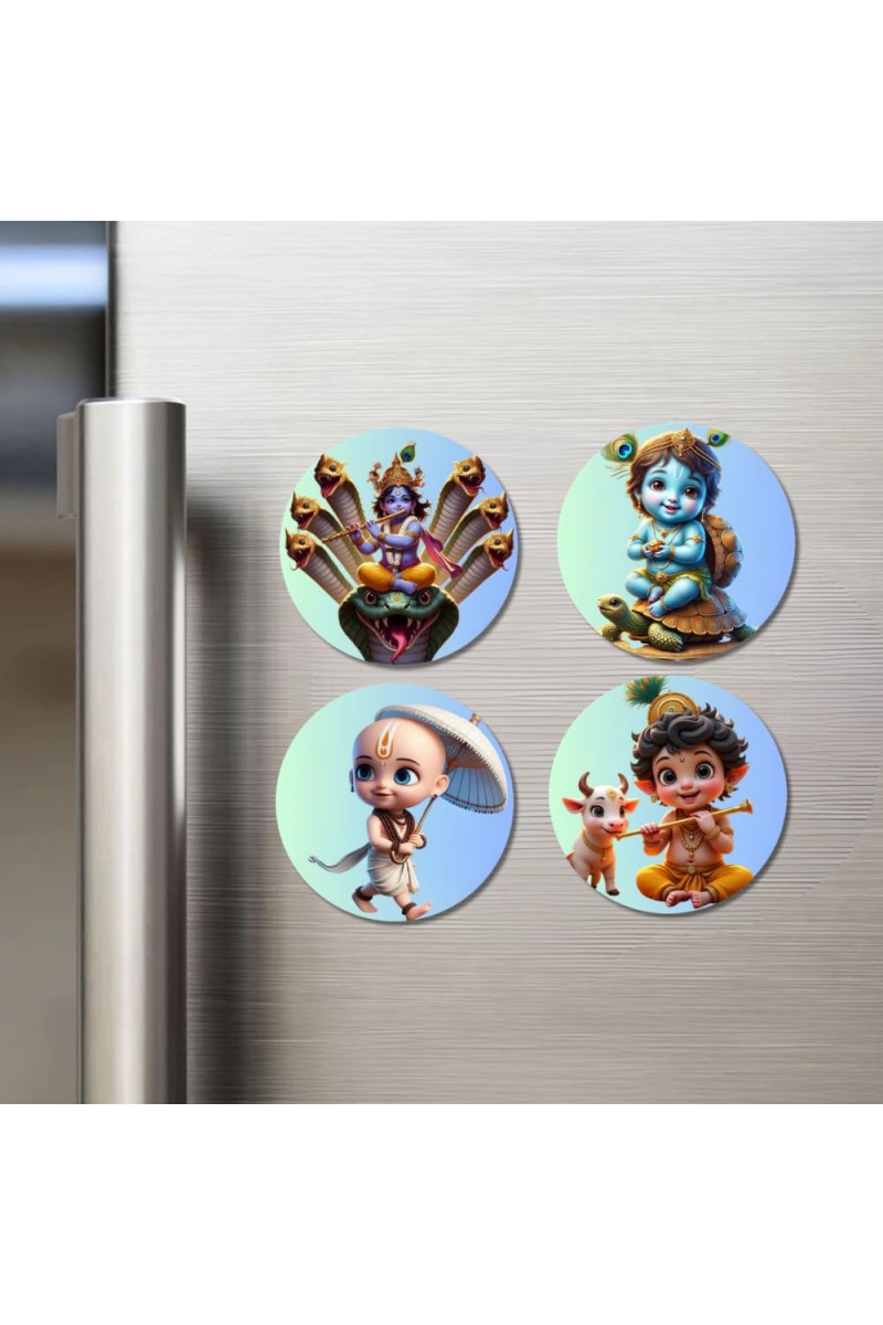 Vishnu, Krishna, and Vamana. Fridge Magnets 4 Piece Set | 3 Inch Round Wall Fridge Decor (F22785)