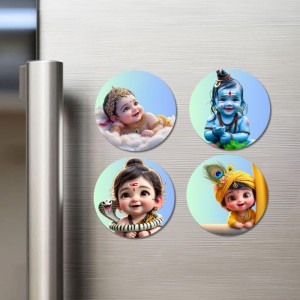 Ganesha, Rama, and Shiva. Fridge Magnets 4 Piece Set | 3 Inch Round Wall Fridge Decor (F22765)