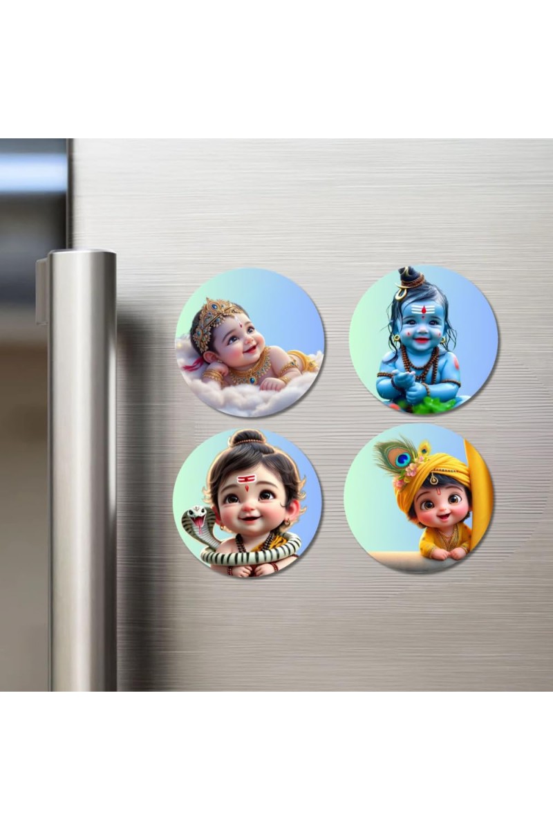 Ganesha, Rama, and Shiva. Fridge Magnets 4 Piece Set | 3 Inch Round Wall Fridge Decor (F22765)