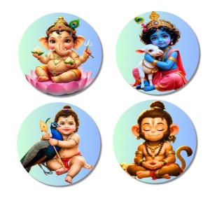 Ganesha, Krishna, Kartikeya, and Hanuman. Fridge Magnets 4 Piece Set | 3 Inch Round Wall Fridge Decor (F22760)