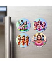 Shiva, Parvati, Ganesha, Kartikeya Fridge Magnets 4 Piece Set | 3 Inch Round Wall Fridge Decor (F23228)