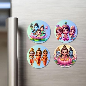 Shiva, Parvati, Ganesha, Kartikeya Fridge Magnets 4 Piece Set | 3 Inch Round Wall Fridge Decor (F23228)