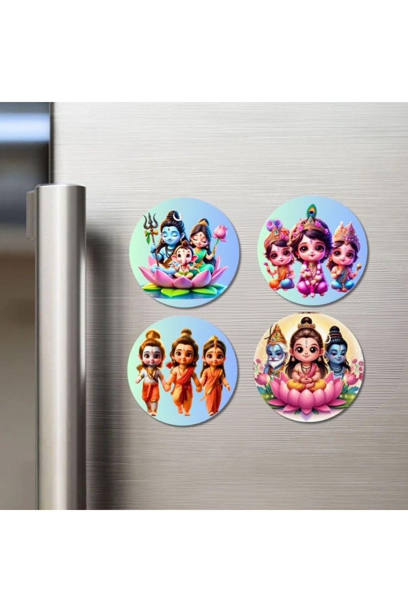 Shiva, Parvati, Ganesha, Kartikeya Fridge Magnets 4 Piece Set | 3 Inch Round Wall Fridge Decor (F23228)