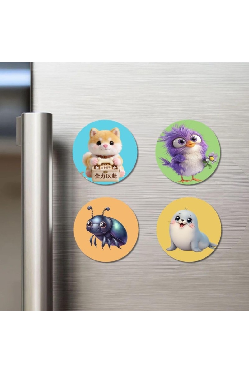 Seal, Zebra, Lion, and Shark. Fridge Magnets 4 Piece Set | 3 Inch Round Wall Fridge Decor (F22872)